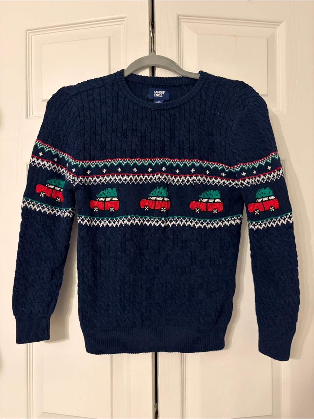 Lands' End Christmas Trees And Cars Navy Cable-Knit Crewneck Boys Size 8